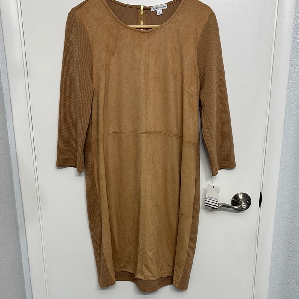 Tan Sheath Dress with Crew Neck and Raglan Sleeves